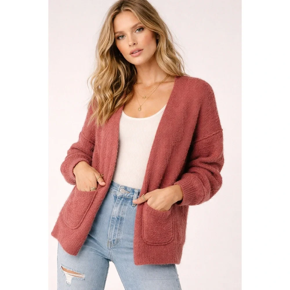 Free People Nightingale Cardigan Dusty Rose Fuzzy Alpaca Open Front Sweater Sz S